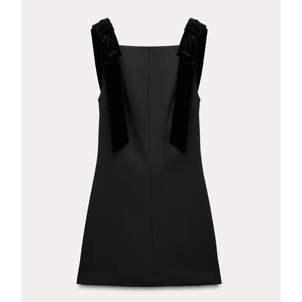 Zara Black Mini Dress Velvet Bow Shoulder Straps Square Neck A-Line Size Large